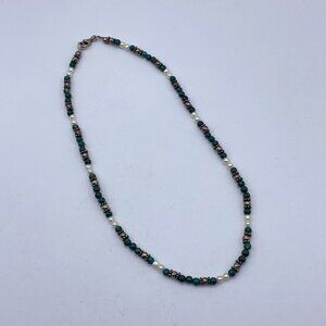 Malachite & Pearl Beaded Necklace With Silver-Tone Accents And Lobster Clasp